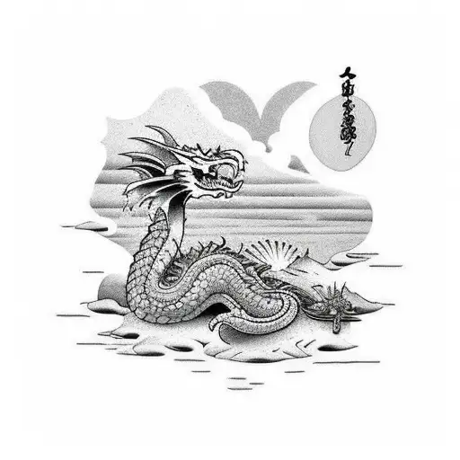 scene of a beach with a dragon lying down on the right and an Indian lying down on the left tattoo design idea