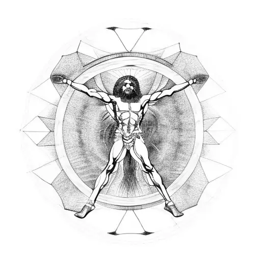 Flaming Vitruvian Man tattoo design idea