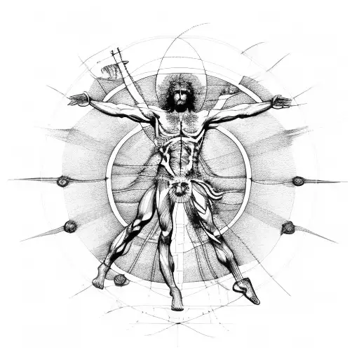 Flaming Vitruvian Man tattoo design idea
