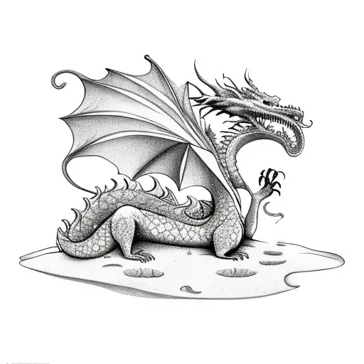 scene of a beach with a dragon lying down on the right and an Indian lying down on the left tattoo design idea