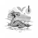 scene of a beach with a dragon lying down on the right and an Indian lying down on the left tattoo design idea