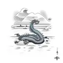 scene of a beach with a dragon lying down on the right and an Indian lying down on the left tattoo design idea