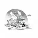 scene of a beach with a dragon lying down on the right and an Indian lying down on the left tattoo design idea