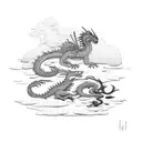 scene of a beach with a dragon lying down on the right and an Indian lying down on the left tattoo design idea