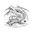 scene of a beach with a dragon lying down on the right and an Indian lying down on the left tattoo design idea