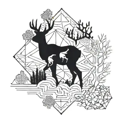 A geometric blackwork tattoo of a deer and bird intertwined with mountain and tree patterns, symbolizing the harmony of nature tattoo design idea