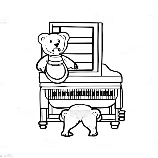 Small bear hitting the keys of a small piano drawn in a children's style / cute. the lines should look hand drawn. tattoo design idea