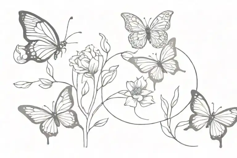 moon, three butterflies flying over flowers blooming tattoo design idea