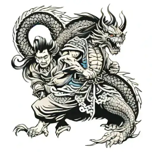 Samurai warrior and Japanese demon intertwined with a dragon tattoo design idea