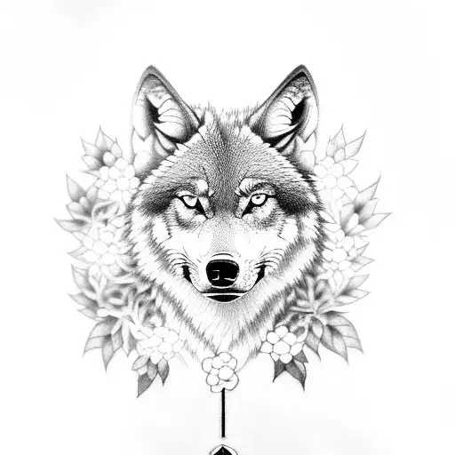 A black-grey tattoo of a wolf surrounded by sakura petals and geometric patterns, with the three birth dates hidden within the design. tattoo design idea