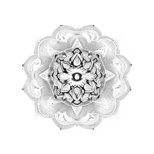 A dotwork tattoo of a mandala with intricate geometric patterns, with three small wolves hidden within the design, representing the family's birth dates. tattoo design idea