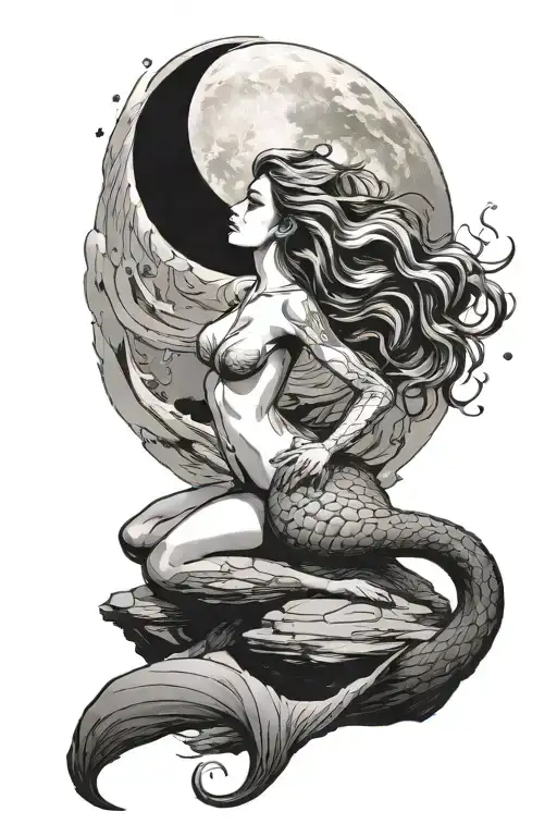 mermaid on a rock looking at the moon The moon has pricked tattoo design idea