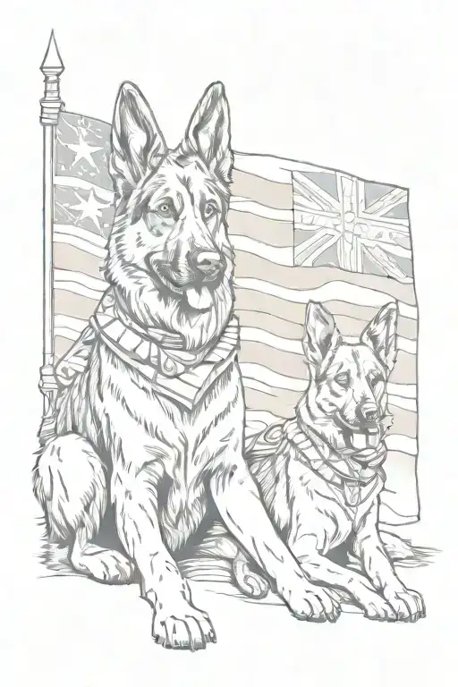 soldier sitting with german shepherd dog with australian flag tattoo design idea