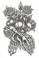 Skeleton hands holding bleeding heart flower bouquet tattoo design idea