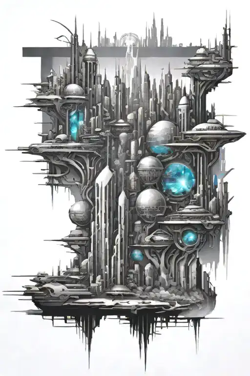 Design a tattoo of a futuristic cityscape with hidden Twice references throughout tattoo design idea