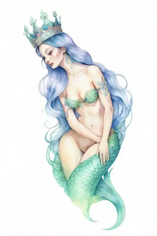 full length mermaid queen, beautiful and haunting, with scales on face and a stunning crown tattoo design idea