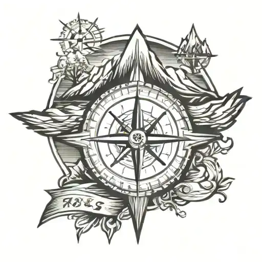 Rainbow Ross Compass with mountains tattoo design idea