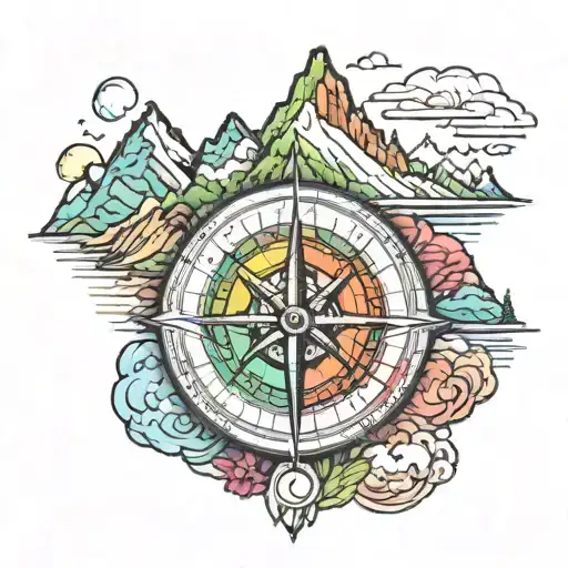 Rainbow Ross Compass with mountains tattoo design idea