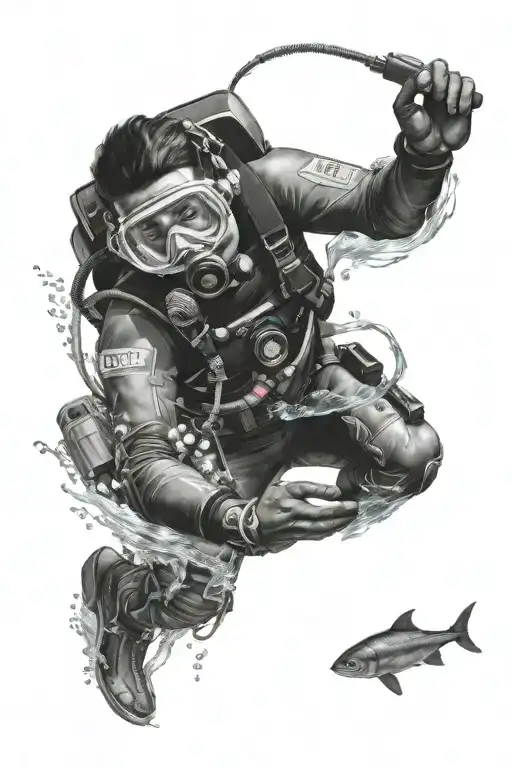 scuba diver in ripped skin opening tattoo design idea
