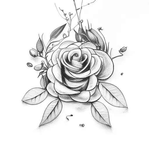 two flowers and a strand of laurel leaves intertwined tattoo design idea