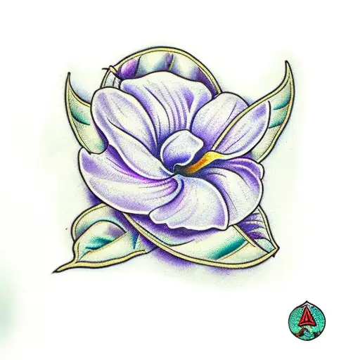 a single violet flower, a single morning glory flower, and a strand of laurel leaves tattoo design idea