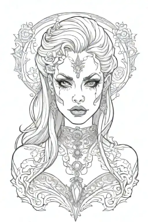 female vampire, broach and large cleavage, upper body tattoo design idea