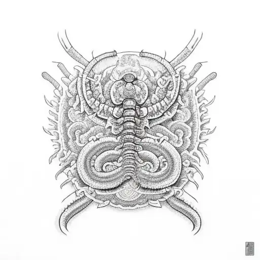 a centipede wrapped around a forearm cracking its index finger tattoo design idea
