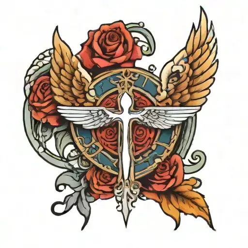 angel wings on each side of X • XXIII • MMXXIII with a halo above all tattoo design idea