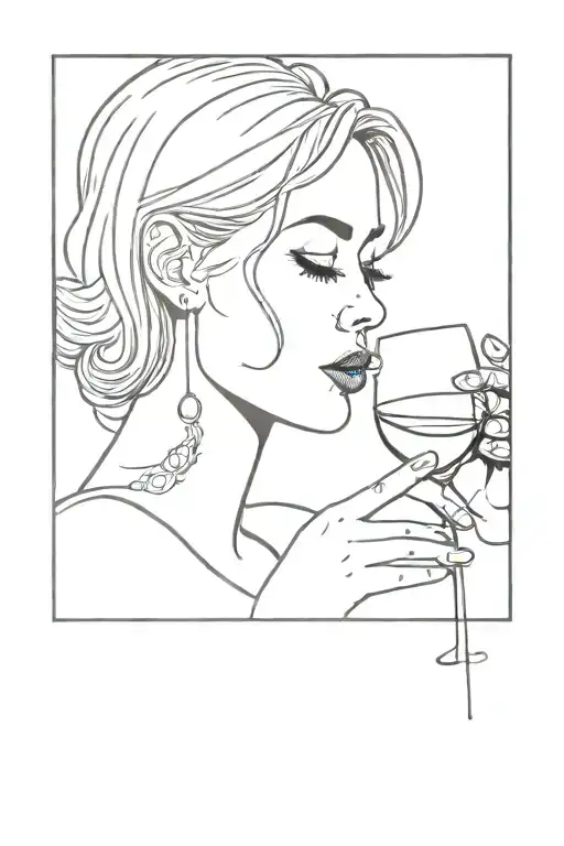 a woman drinking a glass of wine made of only 1 line tattoo design idea