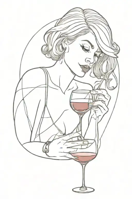 a woman drinking a glass of wine made of a line going tattoo design idea
