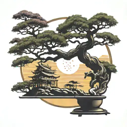 wing chun with bonsai tree silhouette tattoo design idea