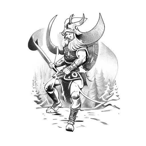 A fierce Viking warrior battling a mythical creature in a dense forest tattoo design idea