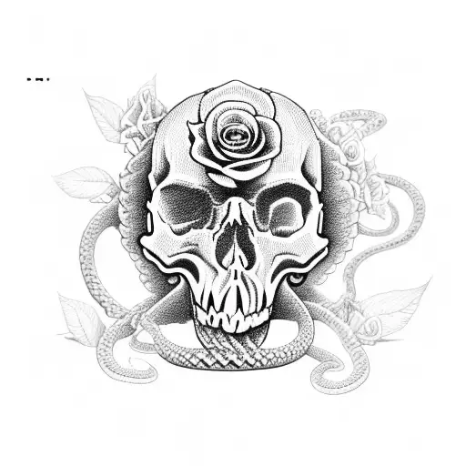 skull with snake an roses tattoo design idea