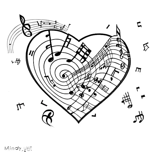 A heart-shaped music sheet with animals and friends inside tattoo design idea