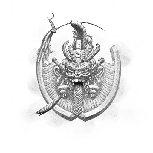 A black and grey depiction of a Kukulkan soldier in combat attire tattoo design idea