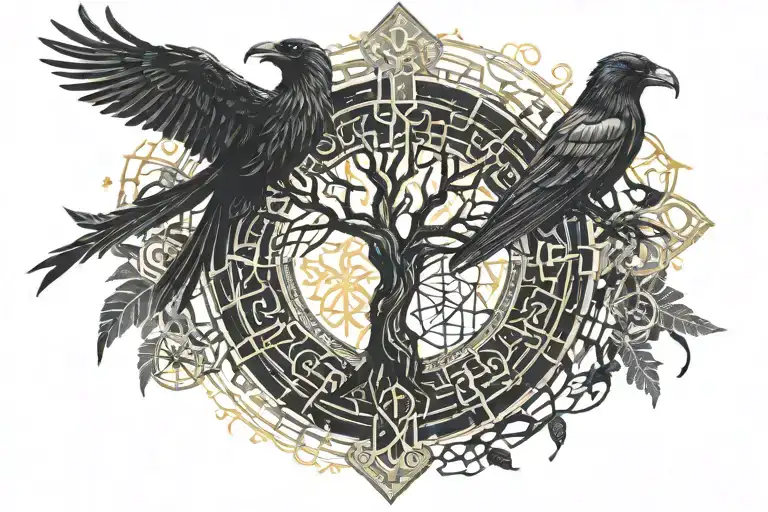 France, tree of life and Celtic cross with raven and runic compass. tattoo design idea