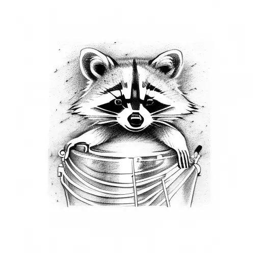 A raccoon holding drumsticks and trash can lid tattoo design idea