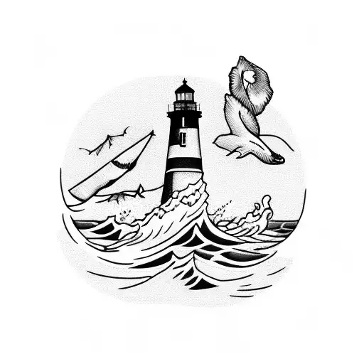 a blackwork tattoo with humpback whale, waves, seagulls, and a lighthouse tattoo design idea