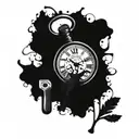 A tattoo of an old  broken pocket watch with blood and the phrase "the clock ticks life's away"  tattoo design idea