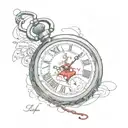 A tattoo of an old  broken pocket watch with blood and the phrase "the clock ticks life's away"  tattoo design idea