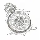 A tattoo of an old  broken pocket watch with blood and the phrase "the clock ticks life's away"  tattoo design idea