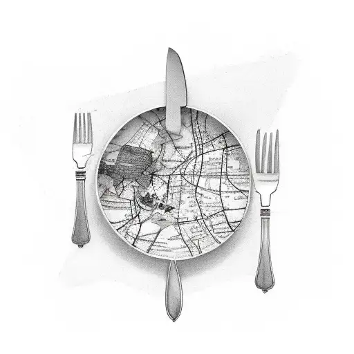 A chef's knife and fork crossed over a map, symbolizing a passion for cooking and travel tattoo design idea