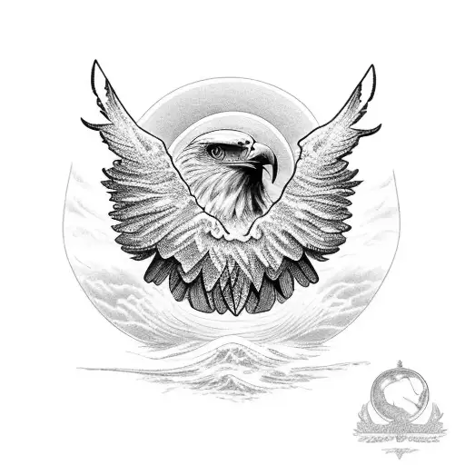 A majestic eagle soaring over a serene ocean at sunset tattoo design idea