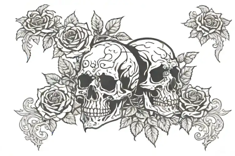 roses surrounding, skulls facing each other, tattoo design idea
