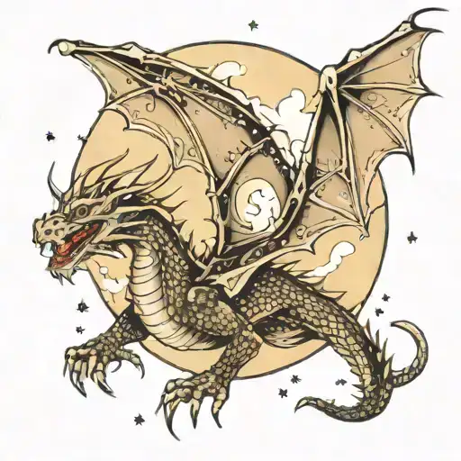 dragon flying towards a full moon with stars and shooting stars tattoo design idea