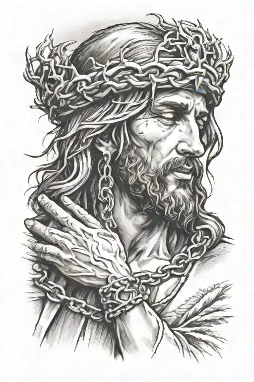 Jesus praying with rosary in his hand light around him and crown of thorns on his head on male shoulder tattoo design idea