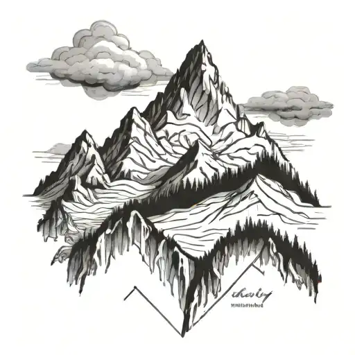 A detailed blackwork tattoo of a majestic mountain range with a winding hiking trail tattoo design idea