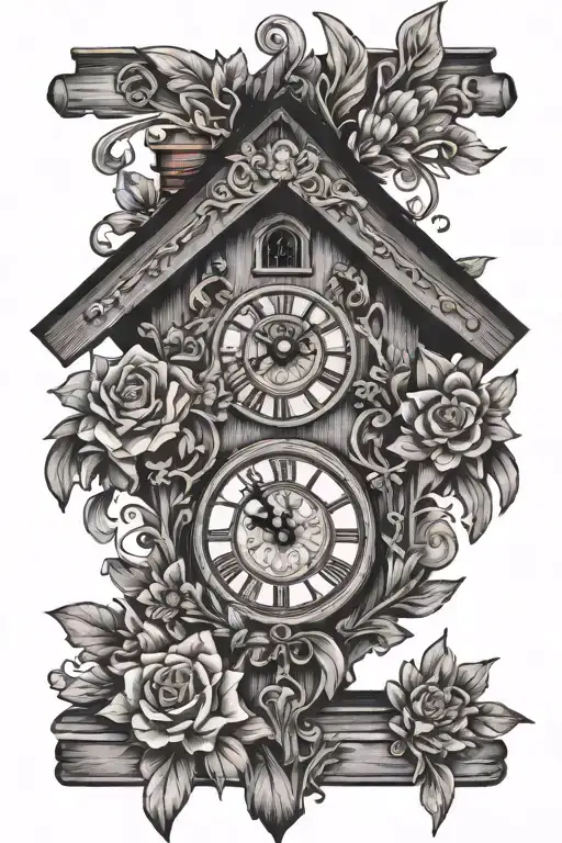 cuckoo clock German with pretzel and edelweiss flowers around tattoo design idea