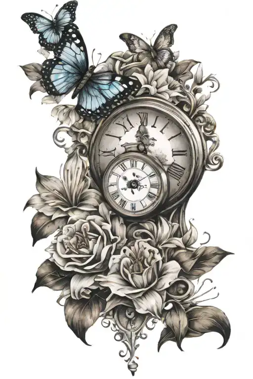 broken clock with lilly flower and butterfly and date 05-05-2018 and 16-09-2022 tattoo design idea