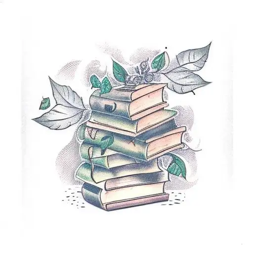 A stack of books with vines and leaves wrapped around them, creating a beautiful frame tattoo design idea